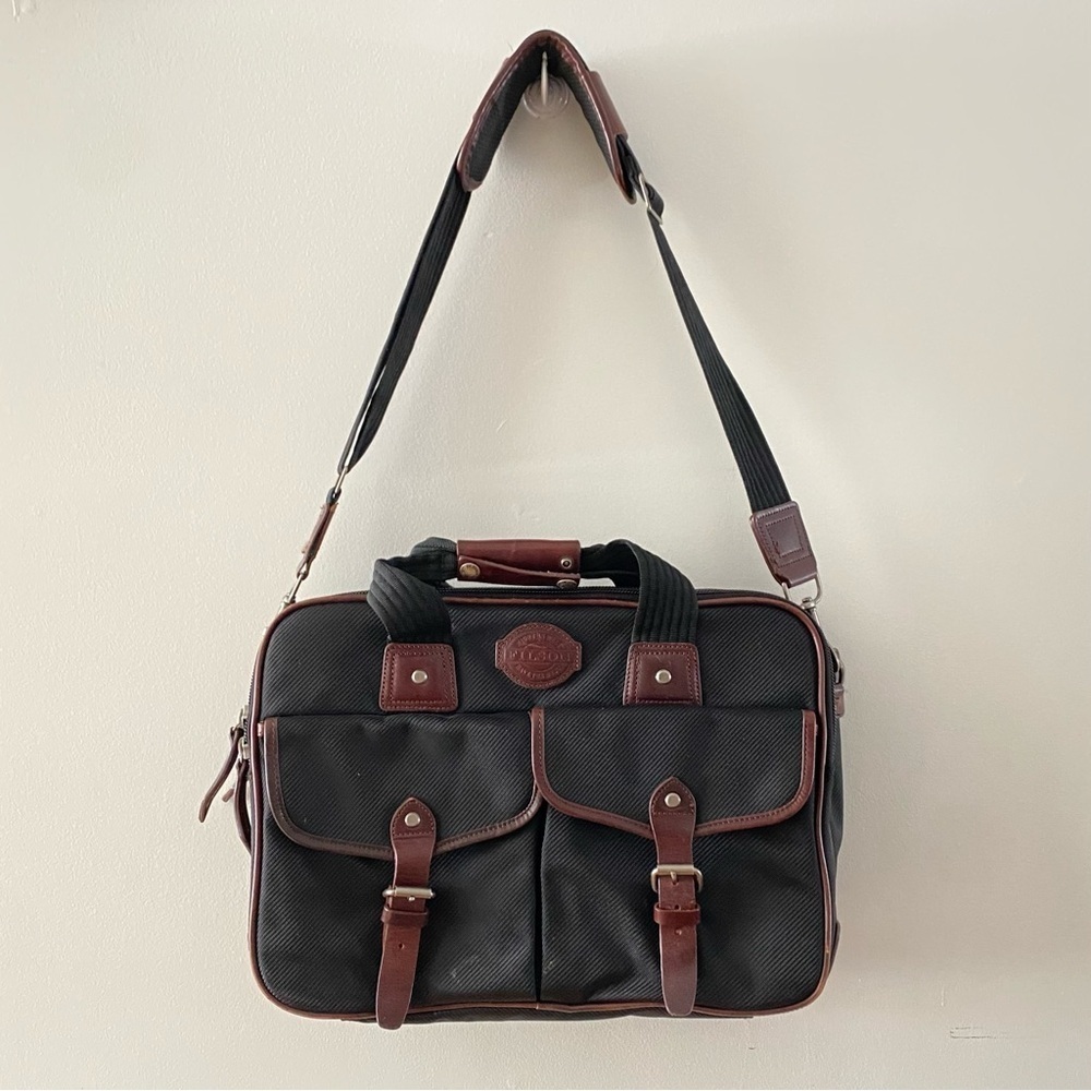 C.C. Filson Seattle Black Brown Leather Passage Saddlebag Briefcase Carrying Bag